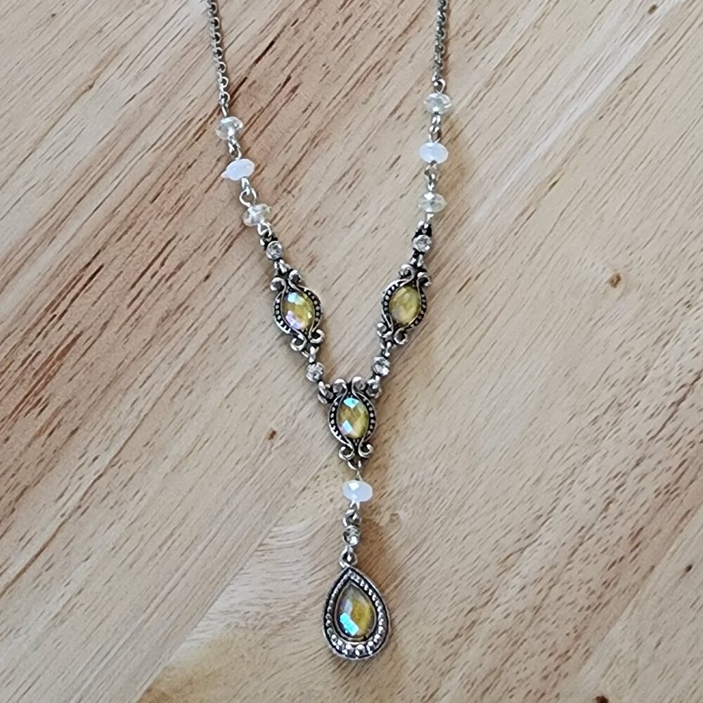 Avon Vintage Burnished Silver Tone Yellow Stone Tear Drop Necklace